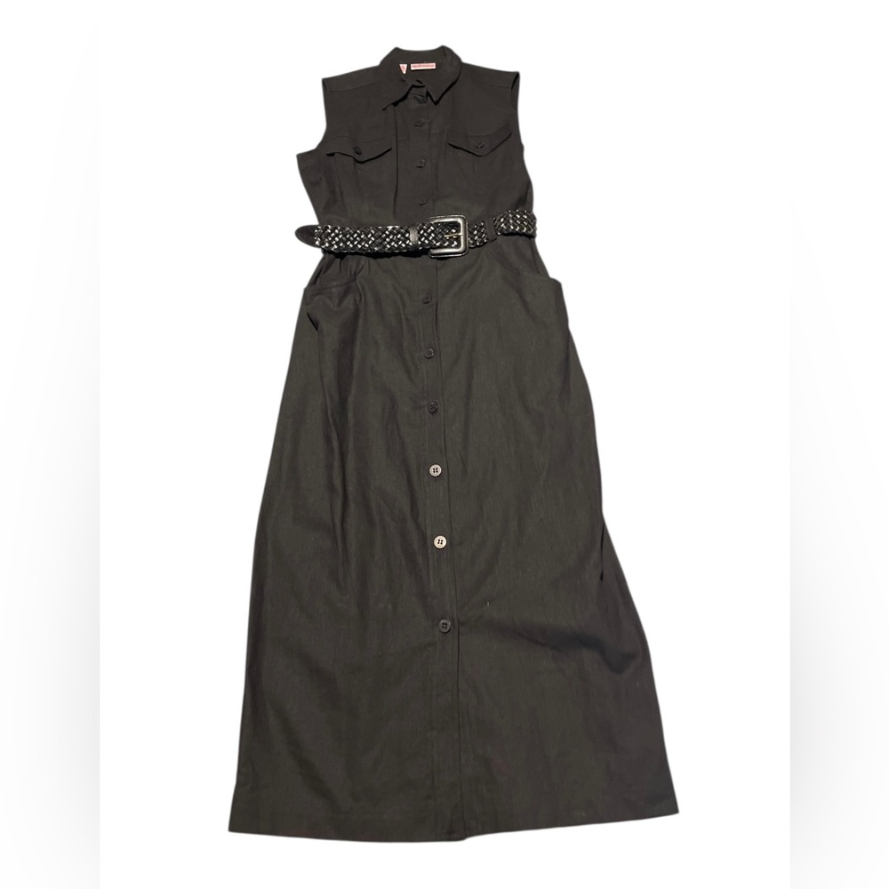 Rafaella Linen Cotton Blend Maxi Sleeveless Shirt Dress W Belt Black Medium 90s